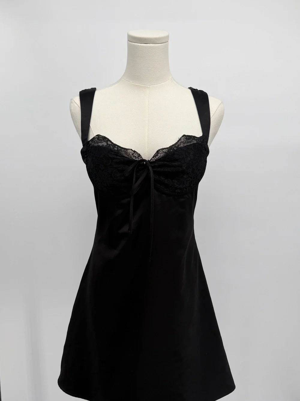 Forever 21 Womens Black Lace Trim Satin Slip Dress Mini Small Tie Front